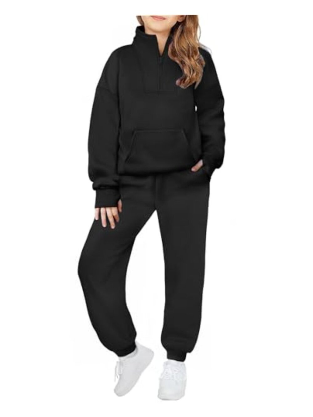 Girls 2 Piece Fleece Sweatsuit Half Zip Thumb Hole Pullover Jogger Set